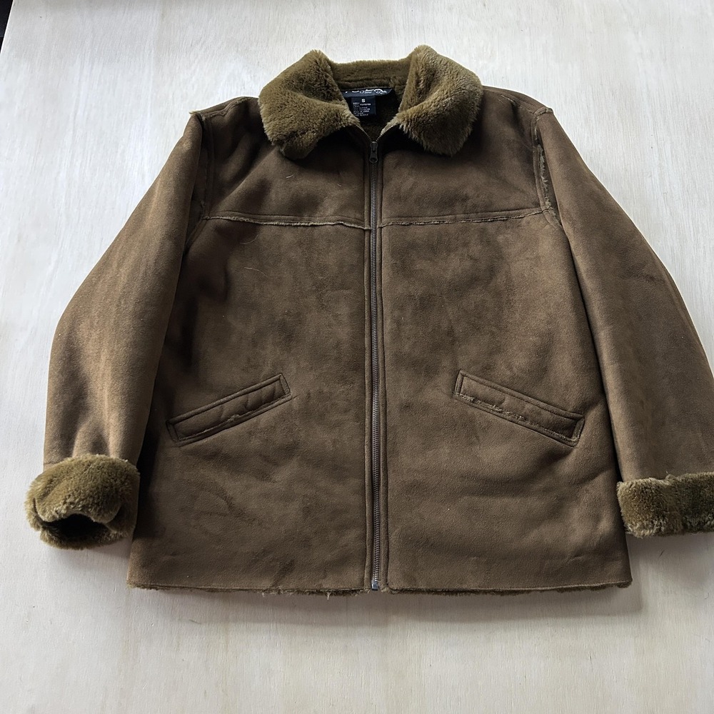 Vintage FU DA New York Jacket Womens Small Brown Faux Shearling Lined Zip Warm